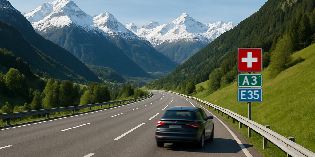 Swiss motorway with scenic Alps